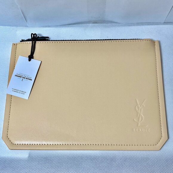 YSL Beaute Cream Vegan Leather Cosmetic Pouch NWT - Picture 1 of 5